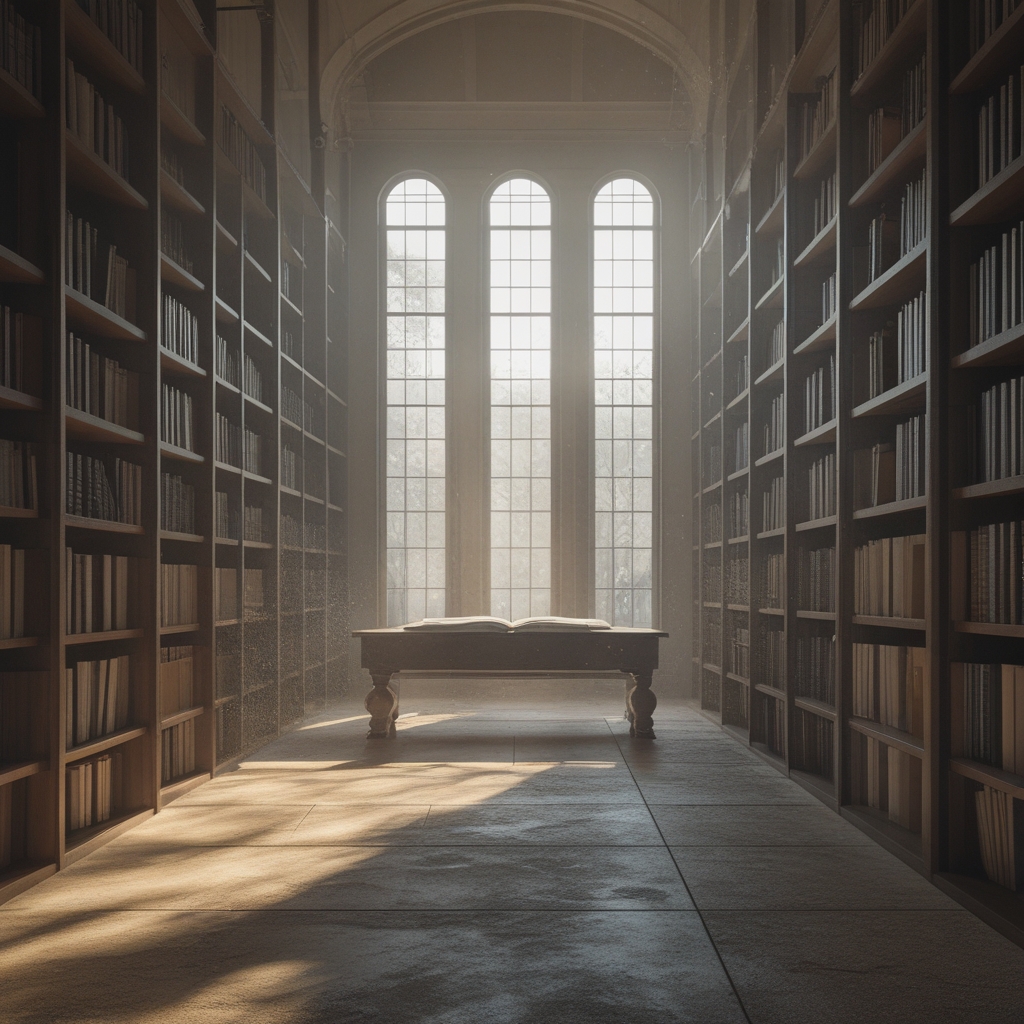 Quiet academic reading room with tall bookshelves, a large wooden reading table with open reference books, natural light from tall windows illuminating dust particles in the air, creating an atmosphere of scholarly concentration