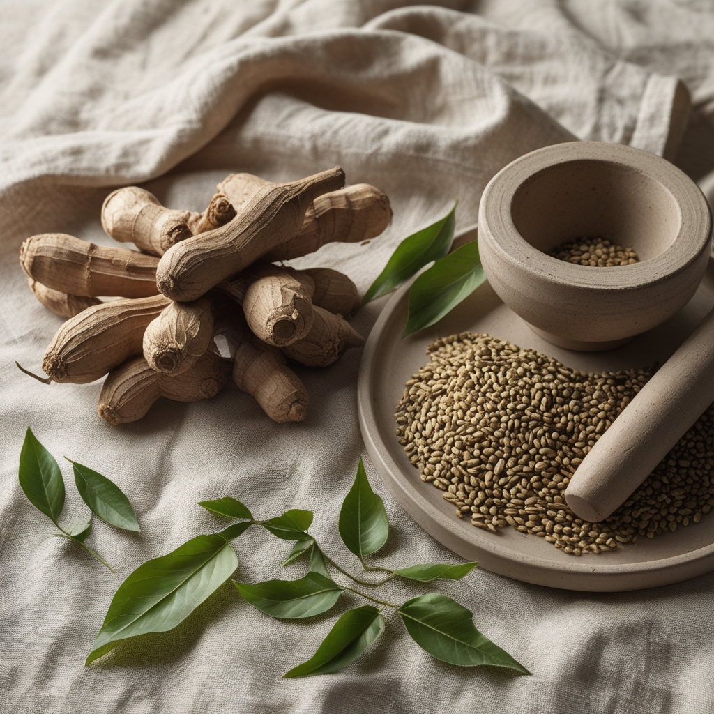 Dried ashwagandha roots and whole fenugreek seeds on a ceramic plate beside a small clay mortar and pestle with a scattered arrangement of green leaves on a natural linen cloth