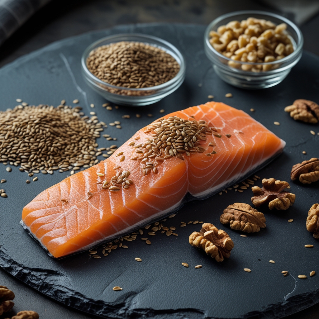 Fresh wild salmon fillet with visible pink flesh beside a small glass bowl of flaxseeds and a scattering of walnuts on a dark charcoal slate surface with cool natural light