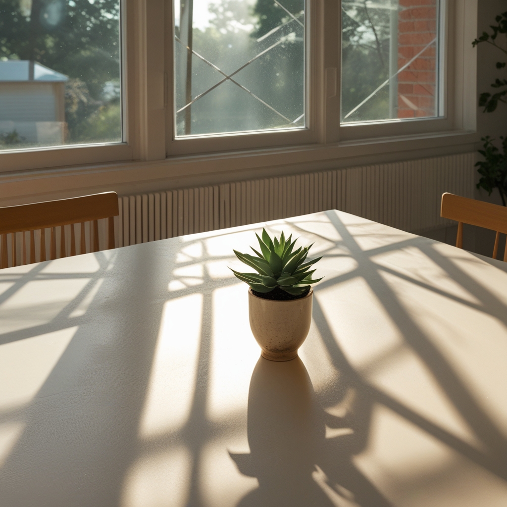 Sunlight streaming through large windows onto a minimalist wooden table with a small potted succulent plant, creating warm geometric shadow patterns on a cream-colored surface