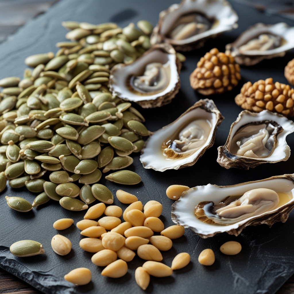 Close-up of raw pumpkin seeds, oysters on ice, and toasted pine nuts arranged on a dark slate board with soft natural light highlighting their varied textures