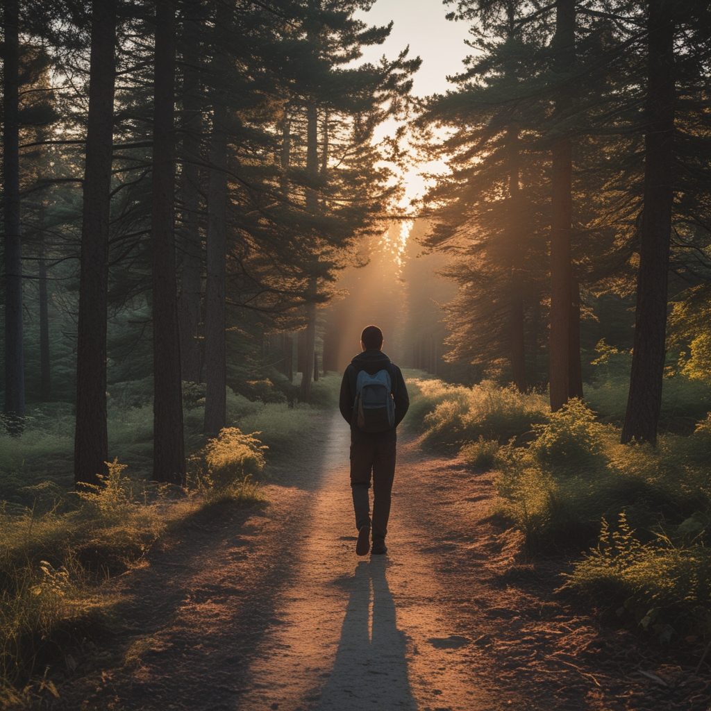 Person walking on a quiet forest trail at early morning with dappled sunlight filtering through tall conifer trees, casting long warm shadows on the path below