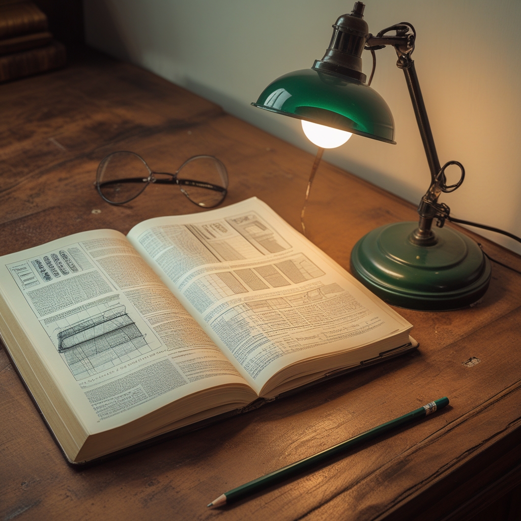 Open scientific journal with dense text and graph diagrams resting on a worn oak desk beside a classic green-shaded desk lamp casting warm focused light, with a pencil and reading glasses nearby